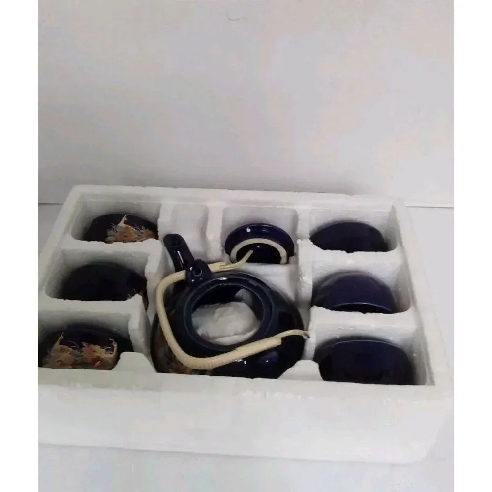Traditional Japanese Tea Set with Dragon Design - 8 Piece Navy Blue Teapot & Cup
